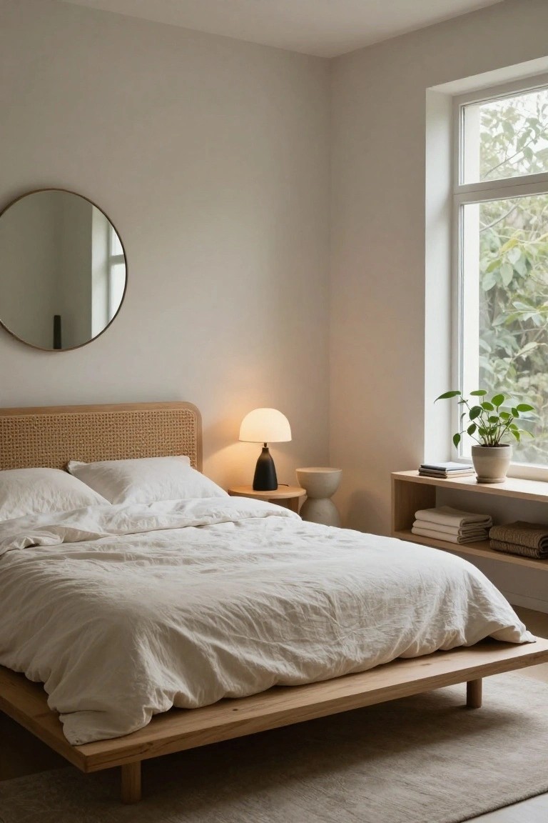 A bedroom with low wooden platform bed, rattan-woven headboard, white linen bedding, black-base lamp on white stool beside bed, gold round mirror on wall, and potted plant on windowsill.