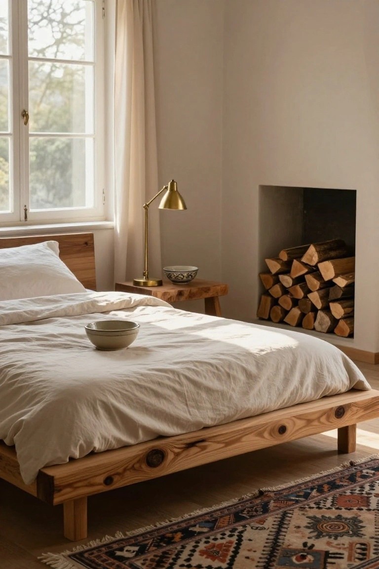 A sunlit bedroom with a low wooden platform bed covered in white linens and a small ceramic bowl, beside a wooden side table with a gold lamp and bowl, stacked firewood in a recessed fireplace, large window with sheer curtains, and a patterned rug on the floor.