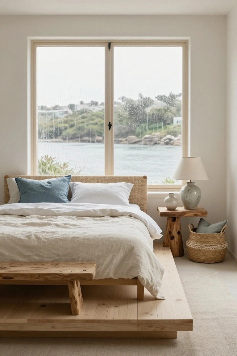 A minimalist bedroom with low natural wood platform bed draped in white linen sheets and pillows, turquoise accent pillow, wooden bedside table holding lamp and ceramic vases, rattan basket, foot bench, and large window overlooking rainy seaside harbor.