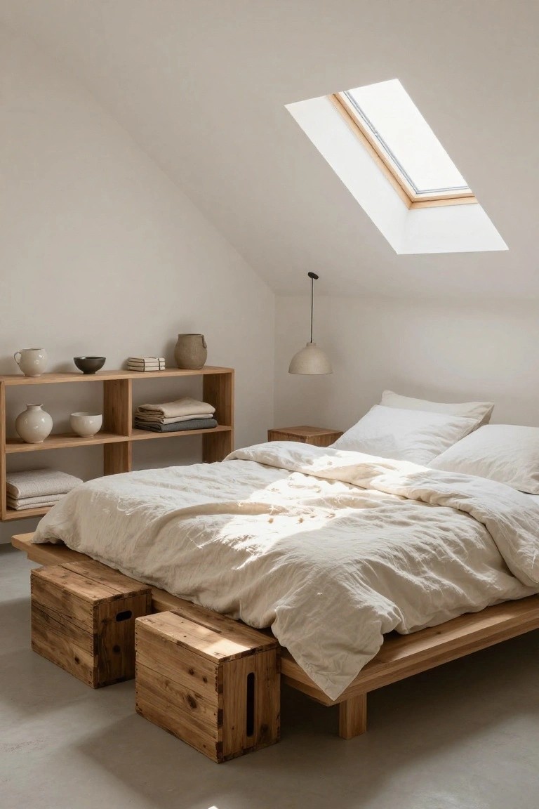 A minimalist attic bedroom with a low wooden platform bed draped in white linens, two wooden crates as bedside tables, open wooden shelves holding ceramics and linens, a pendant lamp, and a skylight in the sloped white ceiling.