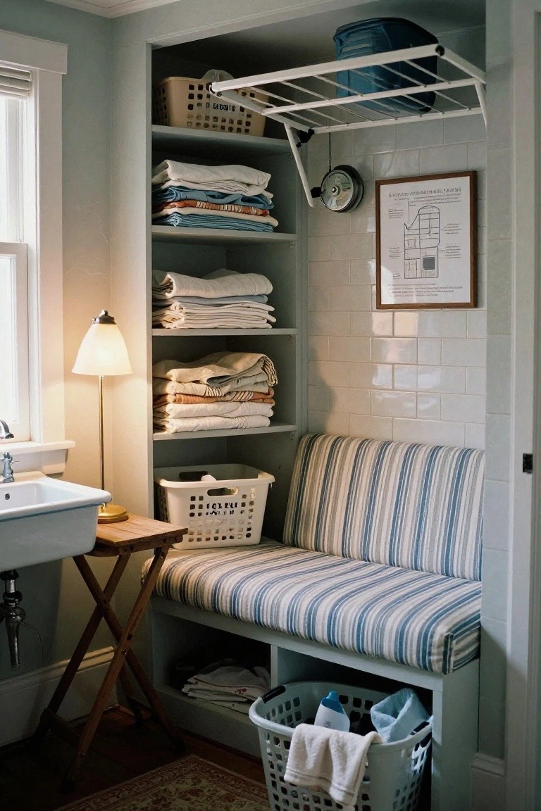 Laundry room with built-in shelves, striped bench, baskets, and sink.