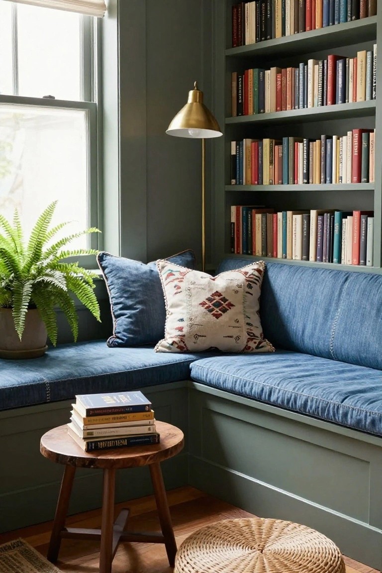Sage green reading nook with floor-to-ceiling bookshelves, built-in corner bench in blue denim with blue and patterned pillows, gold floor lamp, potted fern plant, wooden stool holding book stack, and woven seagrass pouf on hardwood floor.