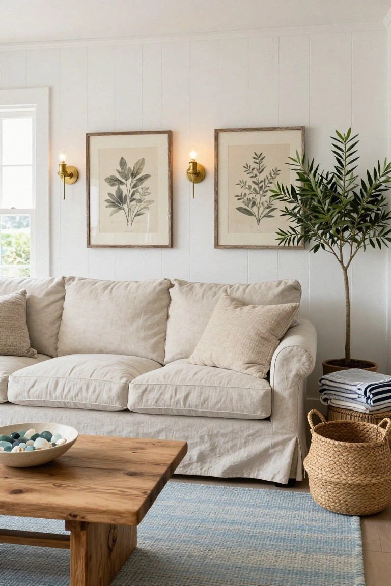 Cozy living room with beige sofa, wooden coffee table, and botanical wall art.