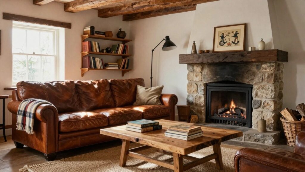 20 Rustic Sofa Ideas That Add Comfort and Natural Charm Cozy living room interior featuring a brown leather sofa with plaid throw in front of a stone fireplace, exposed wooden beams on ceiling, bookshelves, wooden coffee table, and seagrass rug.