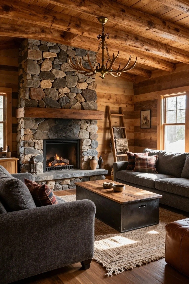 Log cabin living room with gray upholstered sofas and plaid pillows arranged around a wooden coffee table in front of a stone fireplace under wooden beams and antler chandelier.