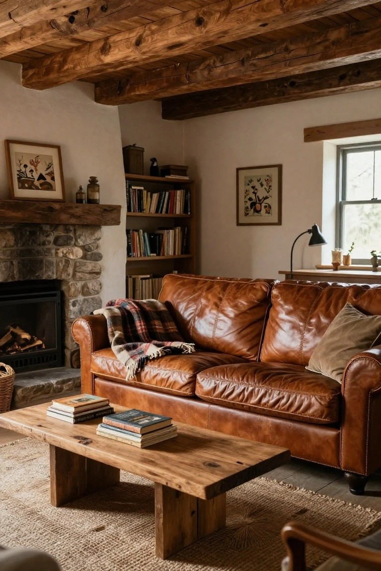 Cozy living room interior featuring a brown leather sofa with plaid throw in front of a stone fireplace, exposed wooden beams on ceiling, bookshelves, wooden coffee table, and seagrass rug.