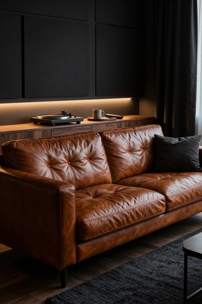 A brown tufted leather three-seater sofa in a modern living room with black paneled walls, wooden credenza holding a turntable and mug, black throw pillow, dark curtains, side table, and dark rug on wood floors.