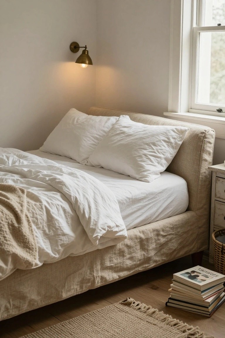 Corner bedroom view showing a beige linen-upholstered bed frame with rumpled white sheets and pillows, a stack of books on the floor beside it, brass wall sconce lit up, white walls, and a window.