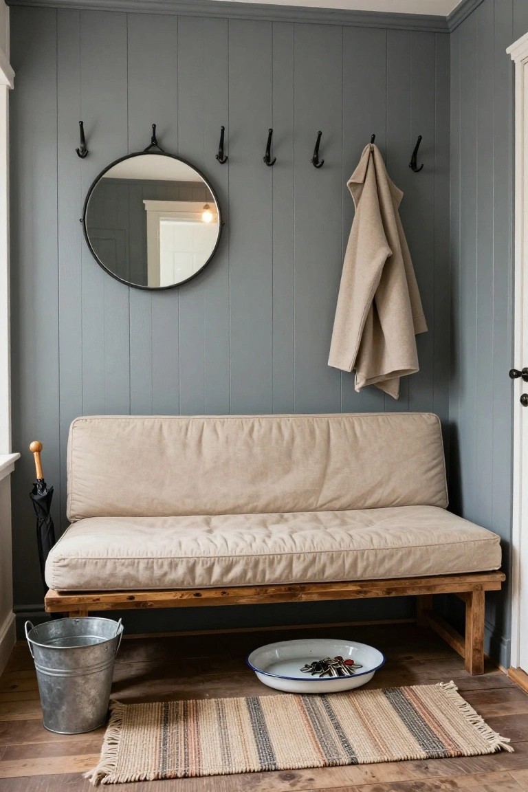 Small mudroom with light gray paneled walls, multiple black coat hooks holding a beige coat, round black-framed mirror, wooden bench with beige cushions, umbrella stand, galvanized bucket, dish of keys, and striped rag rug on wood floor.