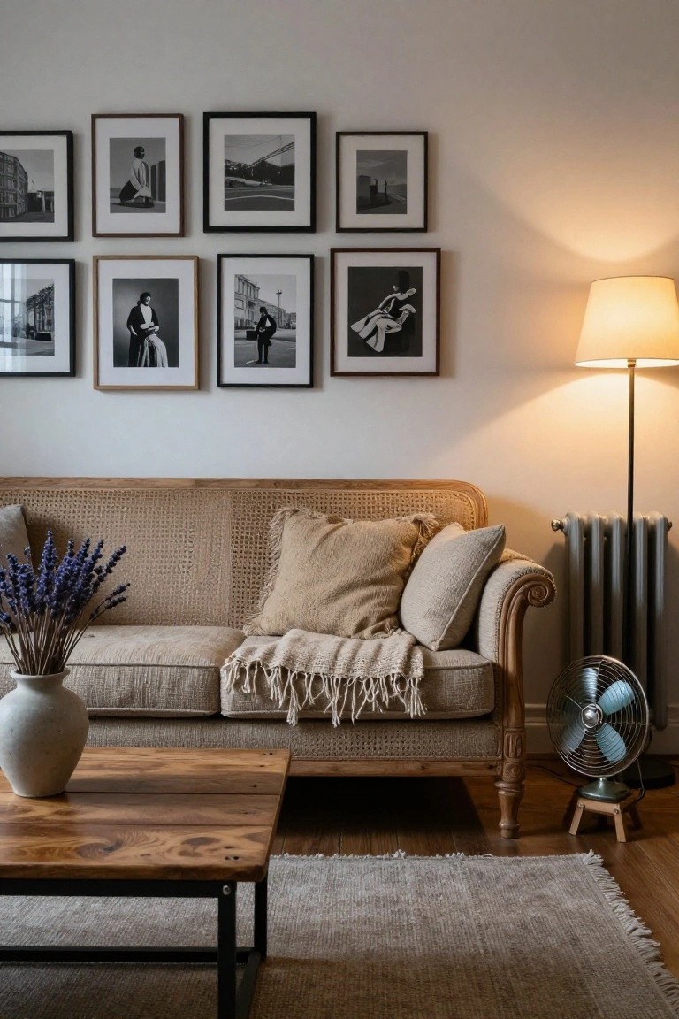 A beige cane sofa with cream cushions, pillows, and woven throw next to a wooden coffee table holding a vase of lavender, in a living room with black-and-white photo gallery wall, floor lamp, radiator, and fan on wood floor with rug.