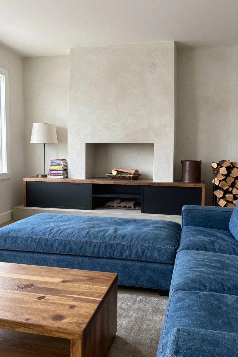 Living room with L-shaped deep blue denim sofa, wooden coffee table, built-in black media cabinet under minimalist beige fireplace, lamp with books, and firewood stack.