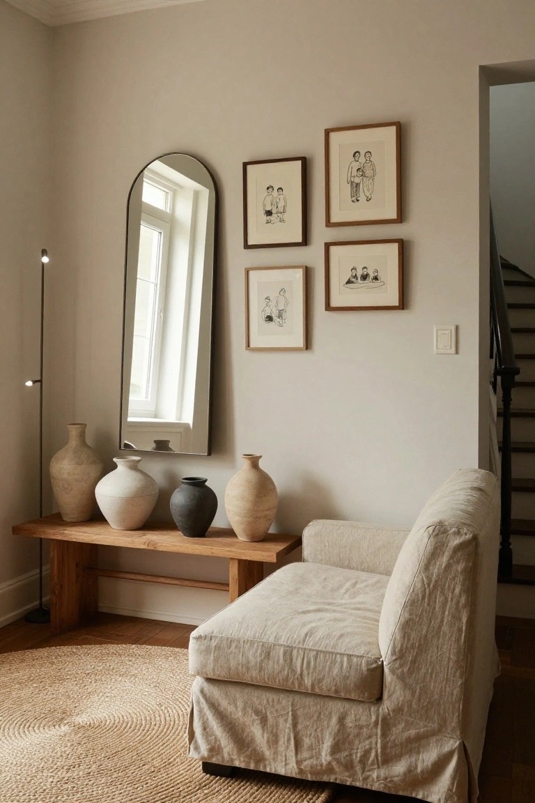 Beige slipcovered armchair beside a wooden console bench with terracotta and white ceramic vases, tall arched mirror, floor lamp, framed ink drawings on pale walls, seagrass rug on wood floor near staircase.