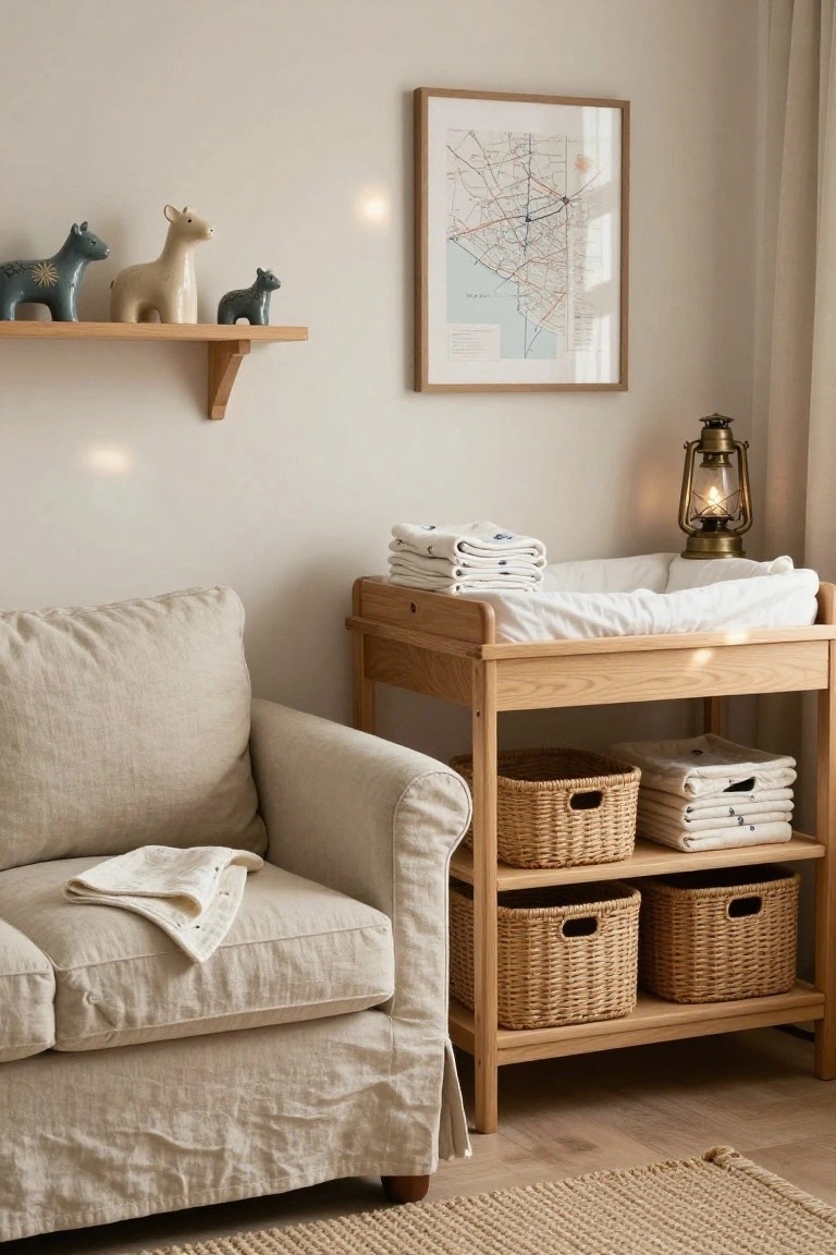 A beige linen slipcovered sofa positioned beside a wooden changing table in a pale nursery with wicker storage baskets, folded baby clothes, blue ceramic animal figurines on a shelf, a wall map print, and a brass lantern.