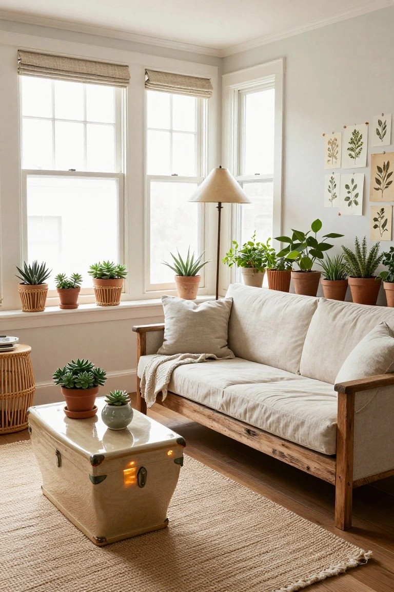 A beige linen sofa with wooden frame sits in a light-filled living room corner, surrounded by numerous potted plants on windowsills and shelves, with a trunk coffee table and seagrass rug nearby.