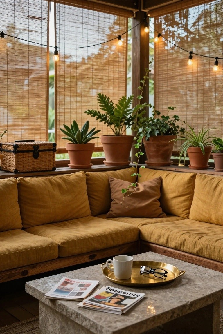Mustard yellow L-shaped sofa on wooden frame in a screened porch with bamboo blinds, potted plants including ferns and succulents, string lights, a stone coffee table with magazines, glasses, and a teacup.