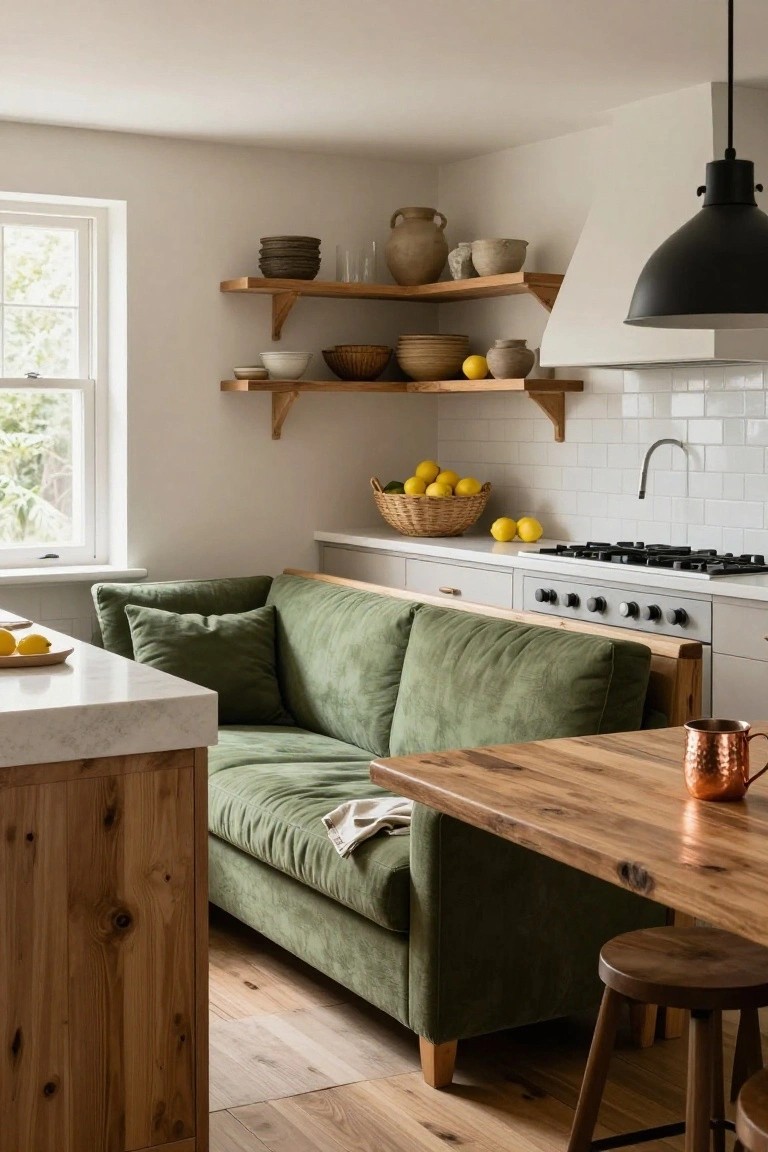 Kitchen interior with a green velvet sofa against a white marble island extended with a wooden table, copper mug, wooden stool, white subway tile backsplash, gas stove, wooden shelves holding pottery and lemons, and a pendant light overhead.