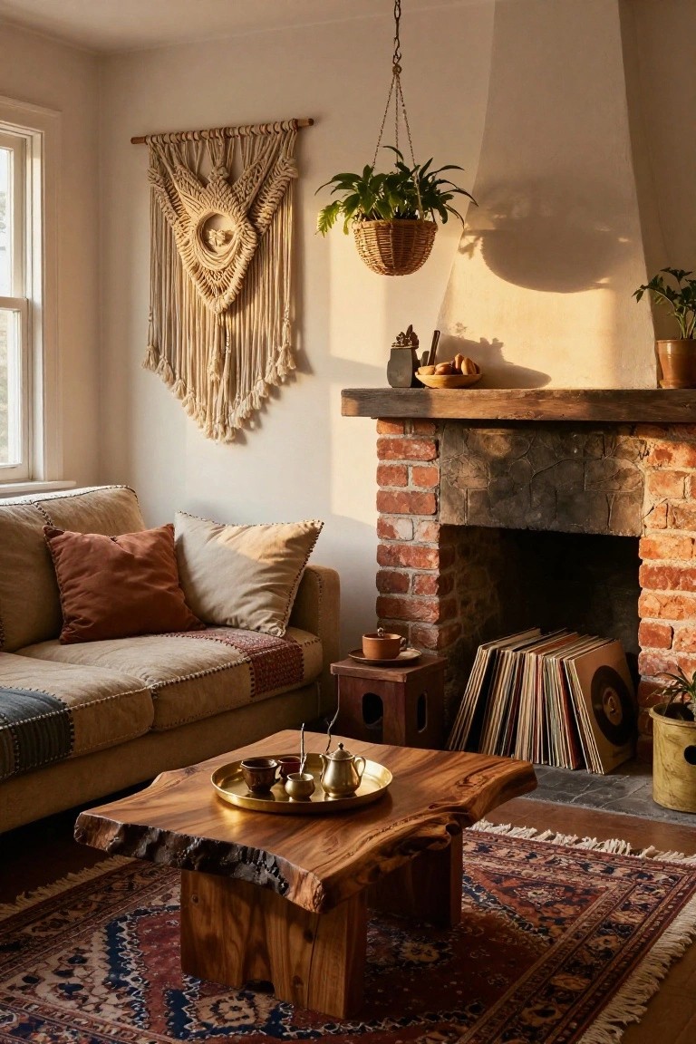 Living room interior with beige sofa accented by rust and cream pillows, live-edge wooden coffee table with brass tea set, brick fireplace, macrame wall hanging, hanging plant, stacked vinyl records, and Persian rug.