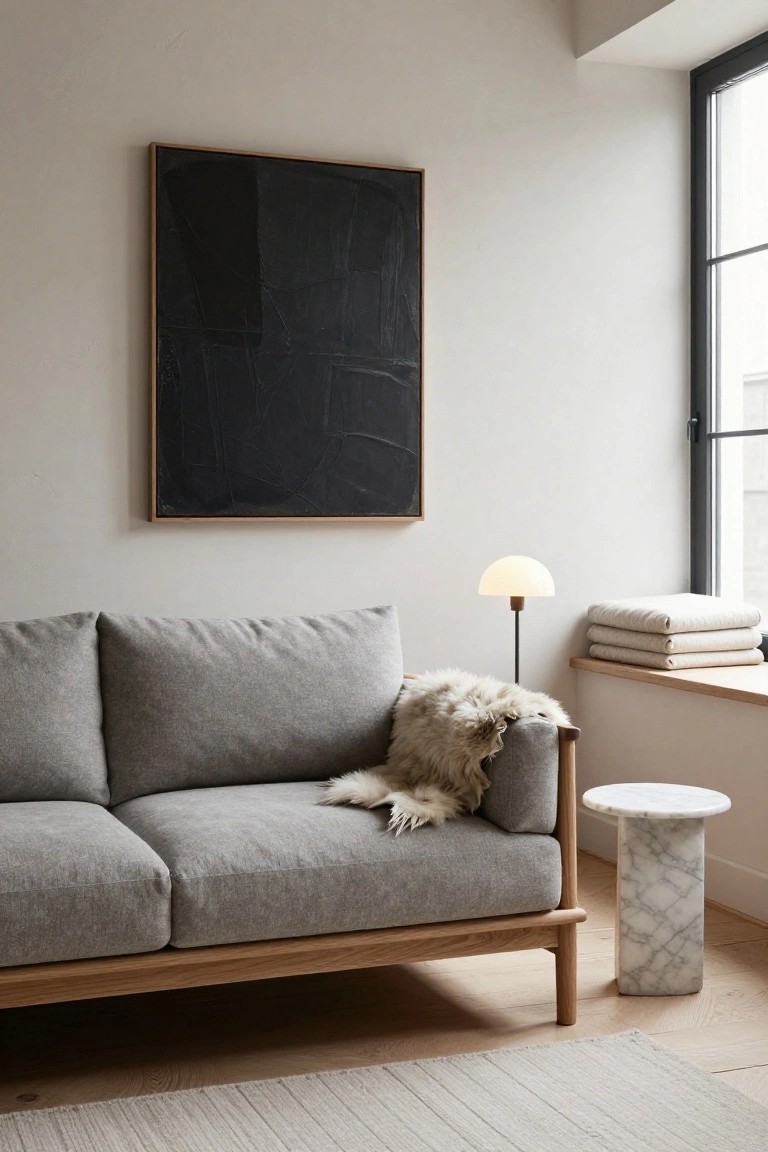 Gray fabric two-seater sofa with oak wood legs and frame, sheepskin throw on armrest, next to white marble pedestal table and opal glass lamp in minimalist beige living room with black framed abstract painting and window seat.