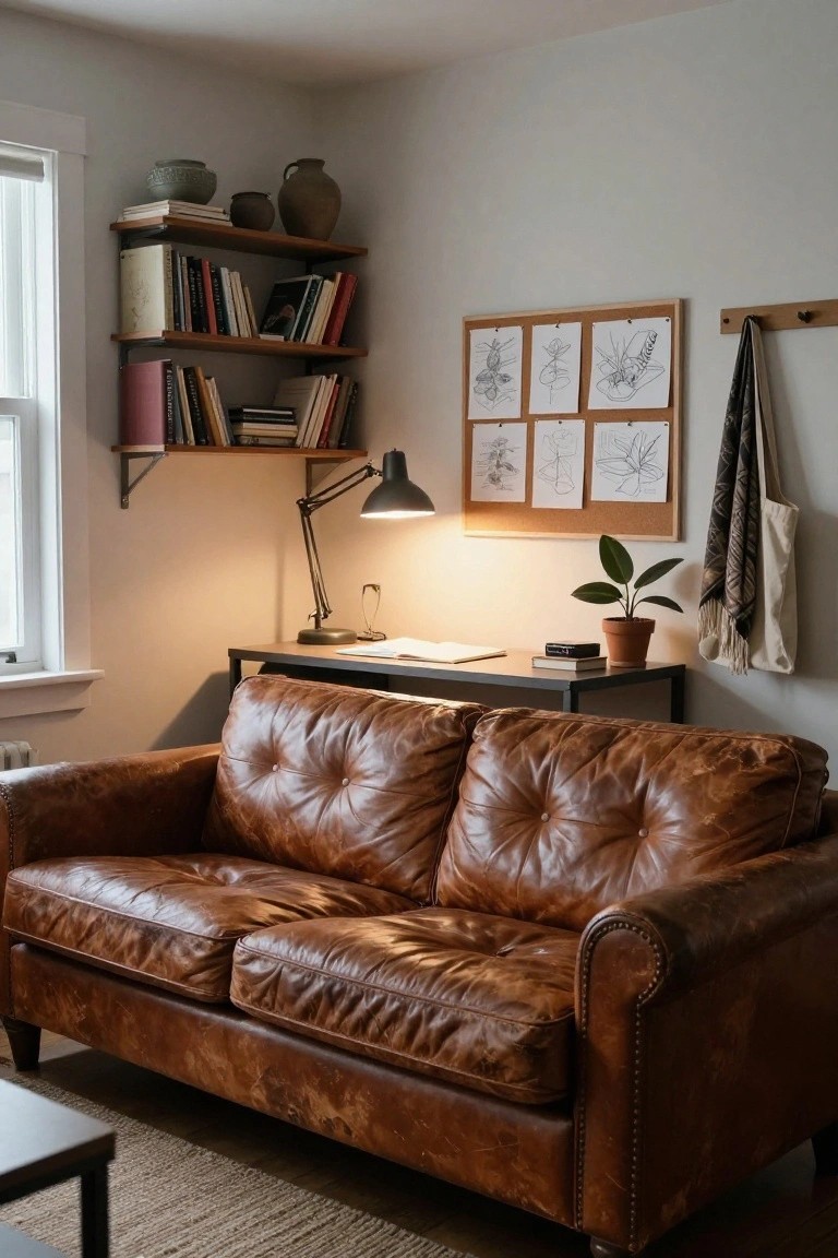 Cozy indoor corner with brown tufted leather sofa next to black metal desk, wooden bookshelves with books and pottery, potted plant, and corkboard displaying botanical drawings.