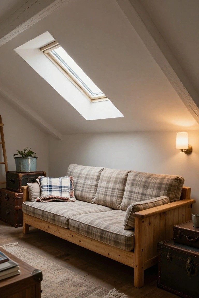 Attic room interior with wooden-framed sofa in plaid upholstery, skylight overhead, metal plant pot on ladder, wall lamp, and vintage trunks on wooden floor.