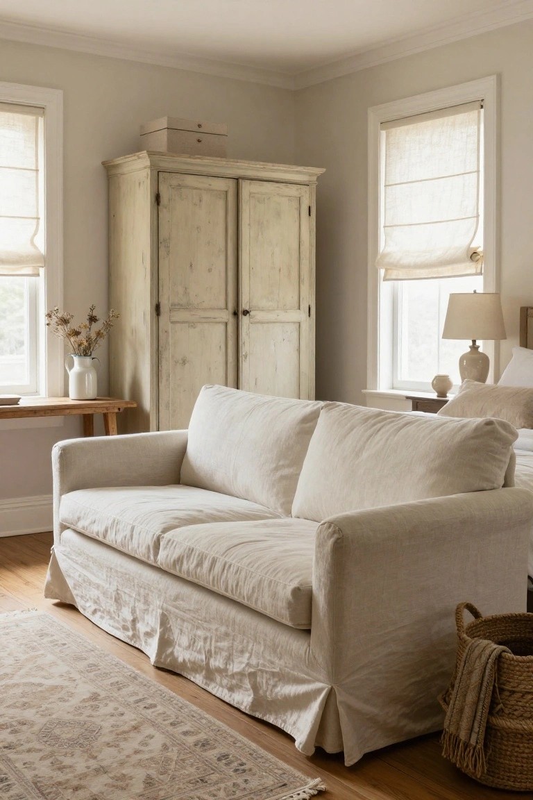 Cozy bedroom corner with large beige linen slipcovered sofa featuring a skirt, antique whitewashed armoire, wooden side table holding a white vase with dried flowers, bedside lamp and bed in background, neutral walls and hardwood floors.