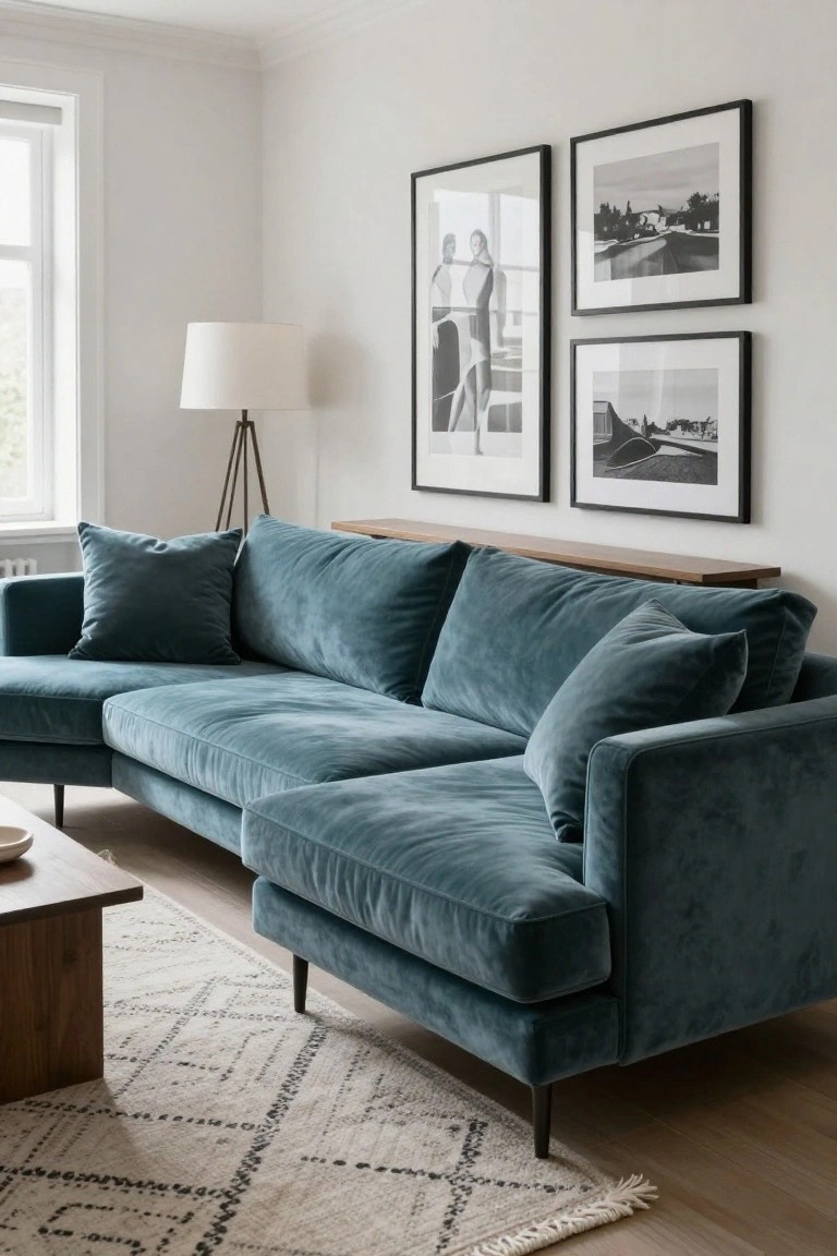 Teal velvet L-shaped sectional sofa in a white-walled living room with wooden console shelf mounted on wall behind sofa back, black-and-white framed photos, tripod floor lamp, wood coffee table, and white rug on wood floor.