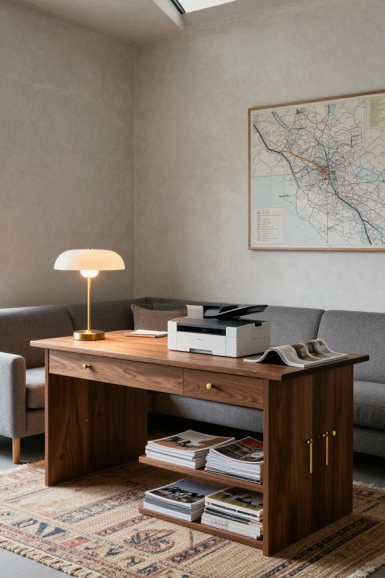 Gray L-shaped sectional sofa positioned against a large wooden desk with drawers and open shelves in a beige-walled room corner, featuring a brass lamp, printer, and framed city map on the wall.