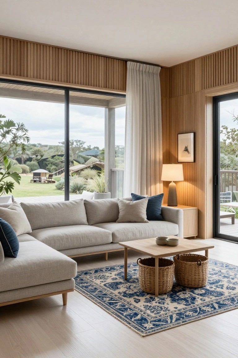 Light gray L-shaped sectional sofa positioned in the corner of a wood-paneled living room with large sliding glass doors overlooking a green landscape with plants and structures.