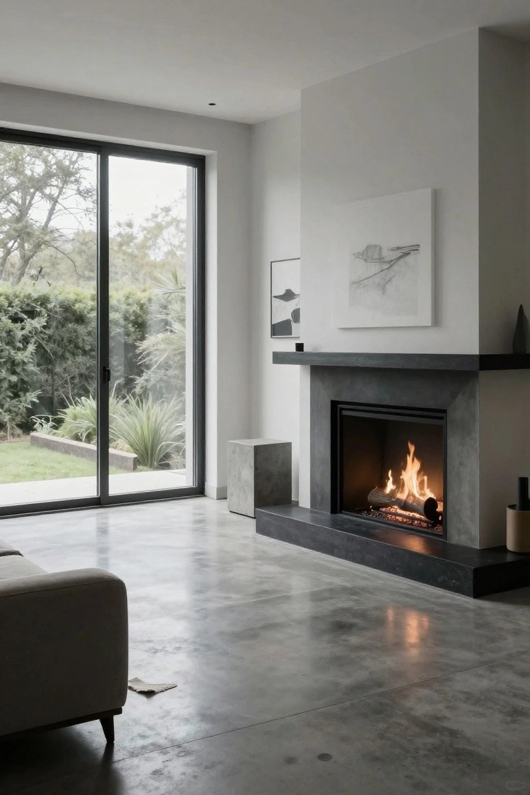 Modern living room interior with beige L-shaped sectional sofa on polished concrete floor, black metal sliding doors open to garden view, concrete fireplace with burning logs, and abstract wall art.