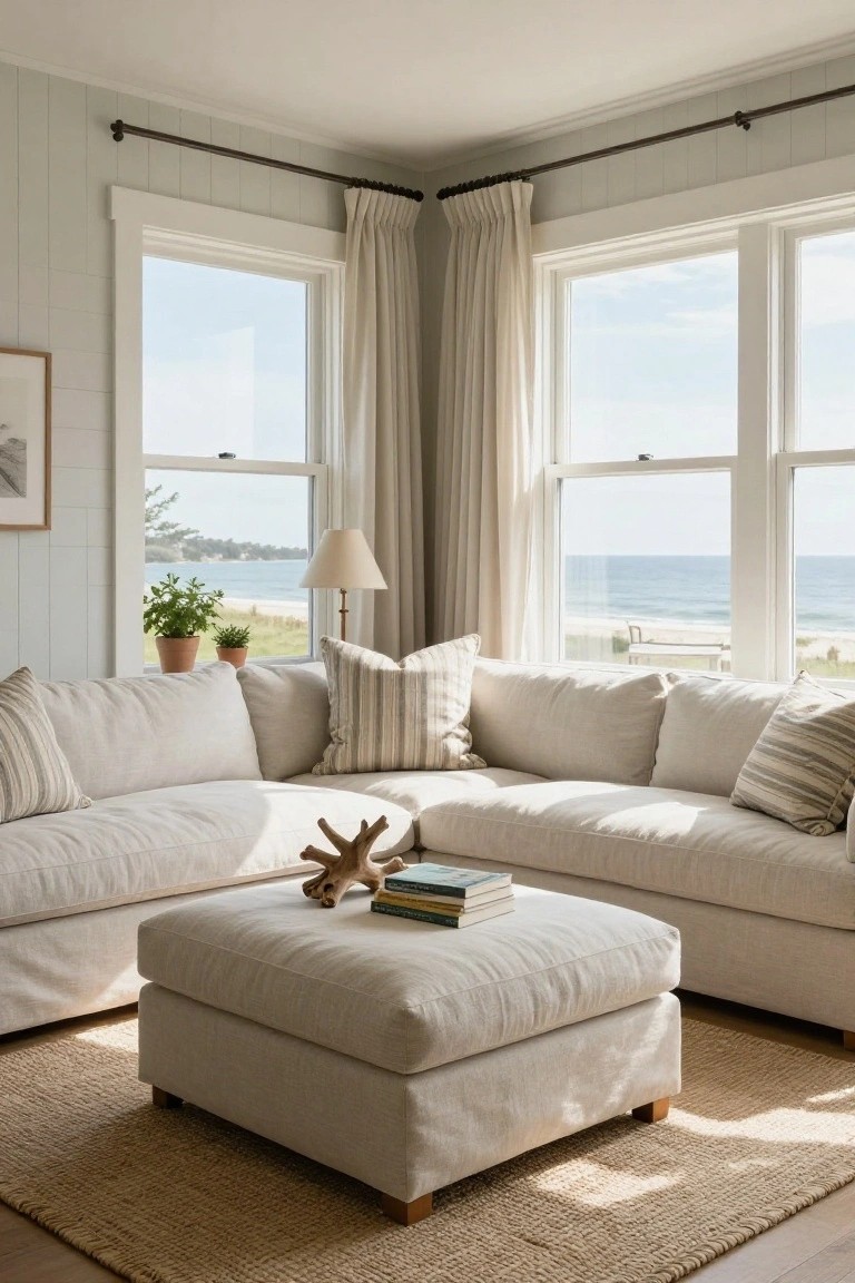 Light beige L-shaped sectional sofa positioned in a room corner with large curtained windows overlooking a beach and ocean, a matching ottoman centered in front holding books and driftwood, potted plants, a lamp, and a seagrass rug on wood floors.