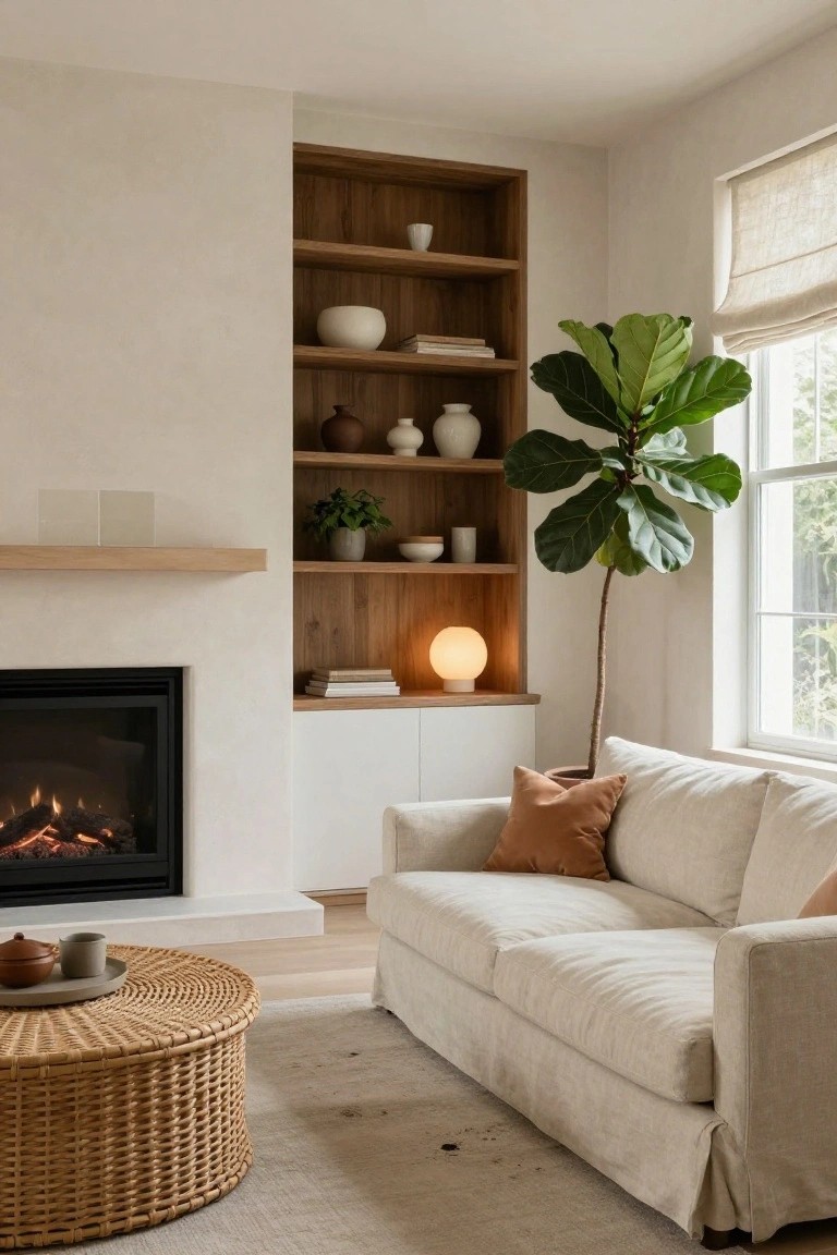A light beige L-shaped sectional sofa positioned in the corner of a living room facing a white gas fireplace, with oak built-in shelving, a large fiddle leaf fig plant by the window, and a round wicker coffee table in front.