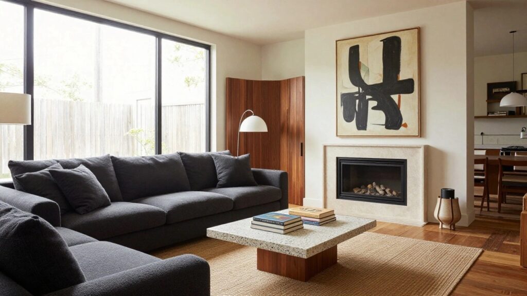 20 Sectional Sofa Arrangement Ideas for Perfect Layouts Modern living room interior with two gray fabric sofas facing a marble fireplace across a low white-speckled coffee table, flanked by wooden side cabinets, an abstract painting on the wall, and tall wooden wardrobe doors partially open near a window.