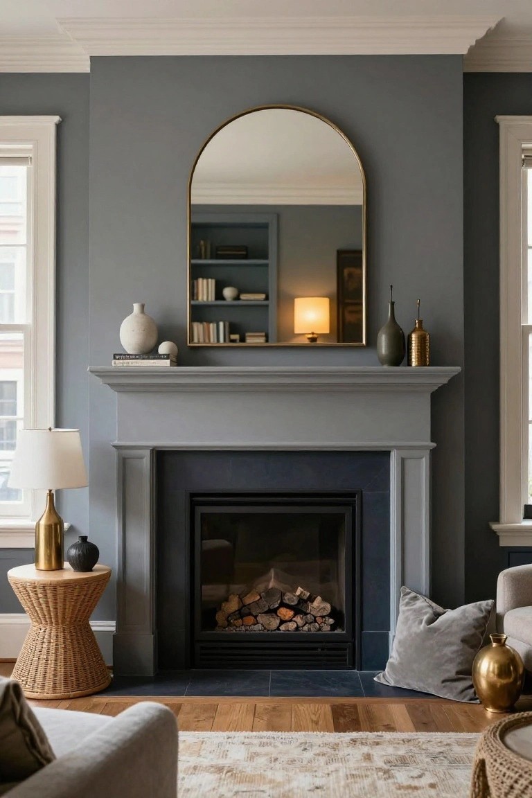 Living room interior featuring a gray stone fireplace with gas logs burning, large arched gold mirror above the mantel with books and ceramic vases, beige sectional sofa corner on a light patterned rug, rattan side table with gold lamp and black vase, neutral gray walls and wood floors.
