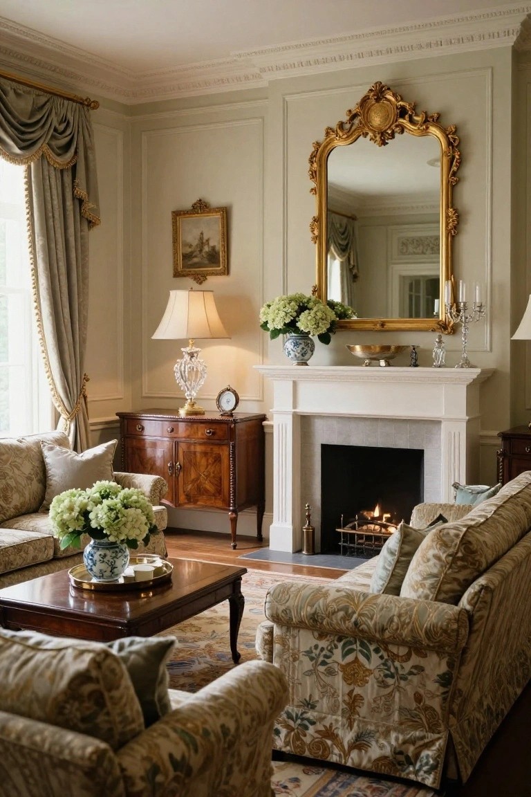 Elegant living room with ornate gold mirror, white fireplace, and floral sofas.