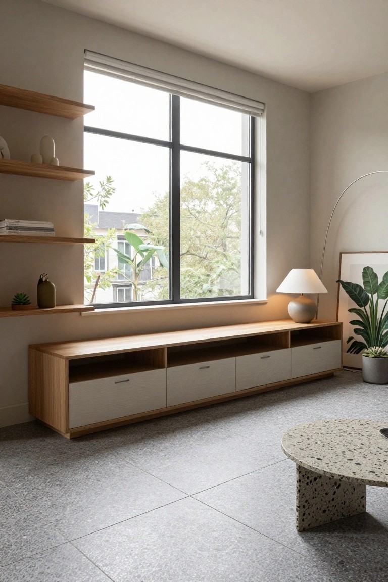 Modern living room with light wood media console and large window.