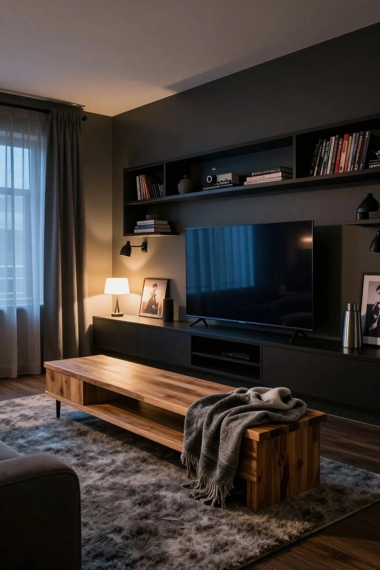 Modern living room interior with dark gray walls, built-in shelves and TV unit, low wooden coffee table on gray shag rug, gray sofa, and table lamp.