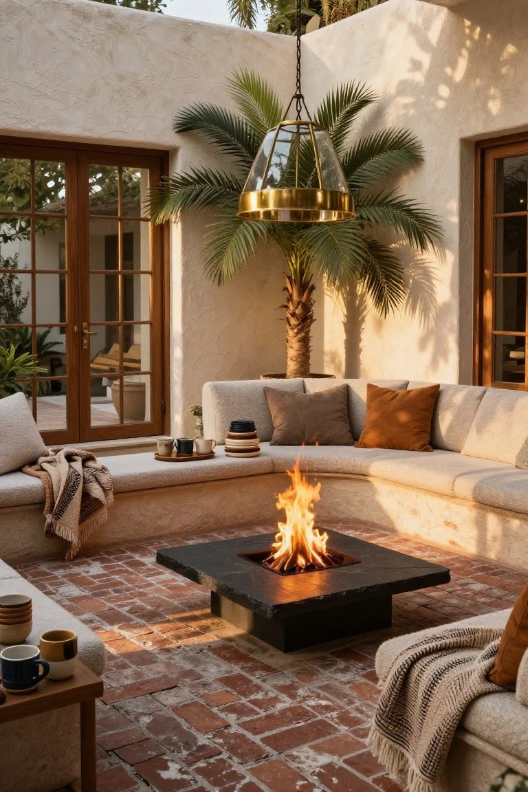 Outdoor patio with beige curved sectional sofa arranged around a square black stone fire pit table on terracotta tile floor, flanked by stucco walls, French doors, a potted palm tree, hanging glass lantern, and side tables with ceramics.