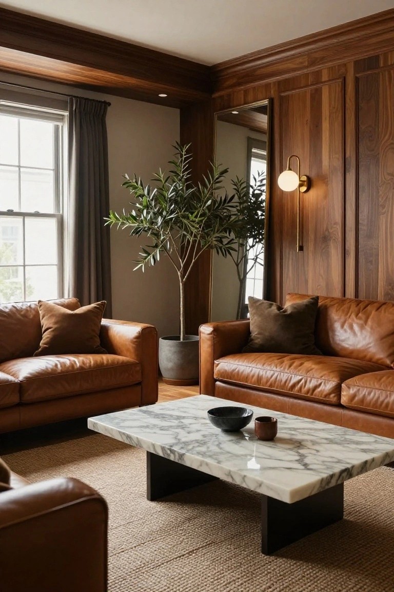 Living room with two tan leather L-shaped sectional sofas facing each other across a white marble coffee table on a seagrass rug, olive tree in gray pot, wood-paneled walls, mirror, and wall sconce.