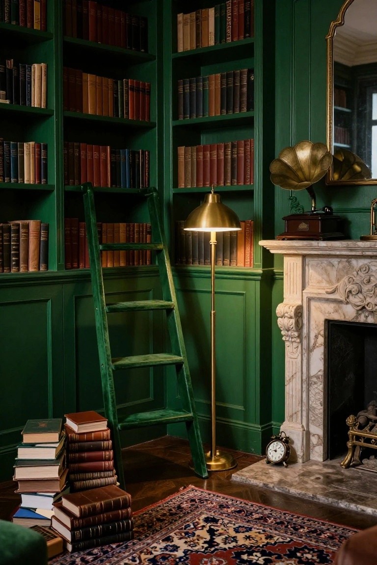 Emerald green paneled library corner with tall bookshelves filled with books, wooden sliding ladder, brass arched lamp, antique gramophone, marble fireplace with clock and fire tools, patterned Persian rug, stacks of books, and edge of a brown leather chair.