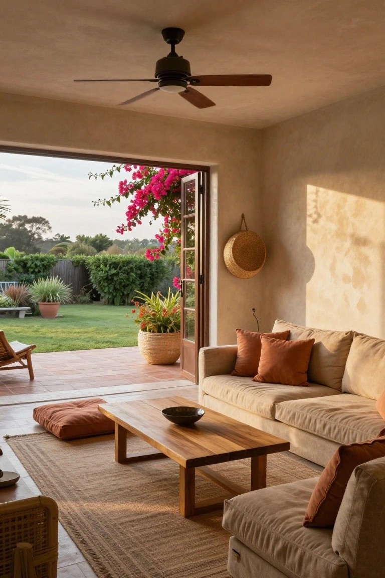Light beige sectional sofa in a beige-walled living room positioned along one wall facing open French doors to a green garden with plants and bougainvillea, wooden coffee table with bowl, orange pillows and cushions, floor pillows, rattan chair, and ceiling fan.