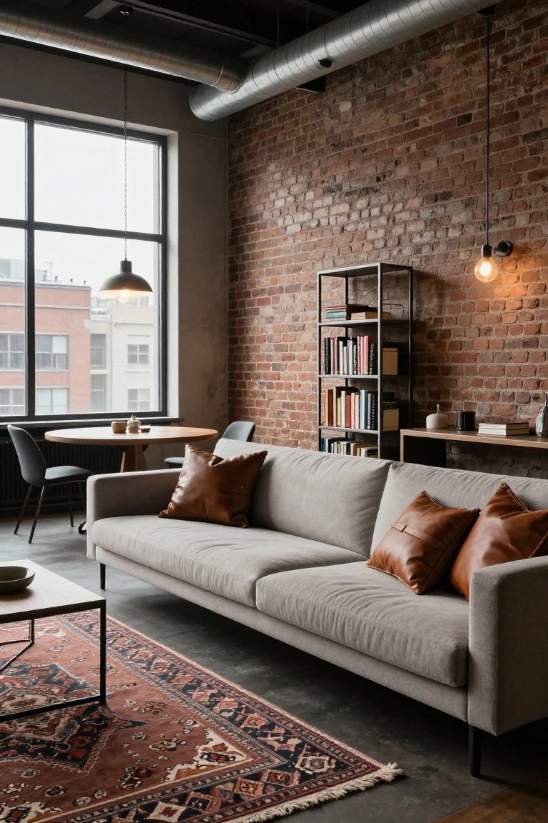 Gray fabric sectional sofa with brown leather pillows against exposed red brick wall in loft living room, round wooden dining table with chairs nearby, metal bookshelf, large windows, and patterned red rug on concrete floor.