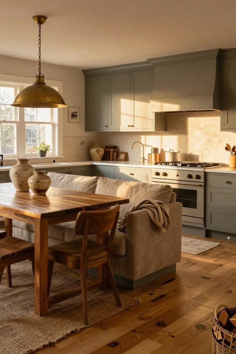 Kitchen with sage green cabinets, beige sectional sofa against the counter edge, wooden dining table and chairs pulled up to the sofa, brass pendant light, terracotta vases on counter, and hardwood floors.
