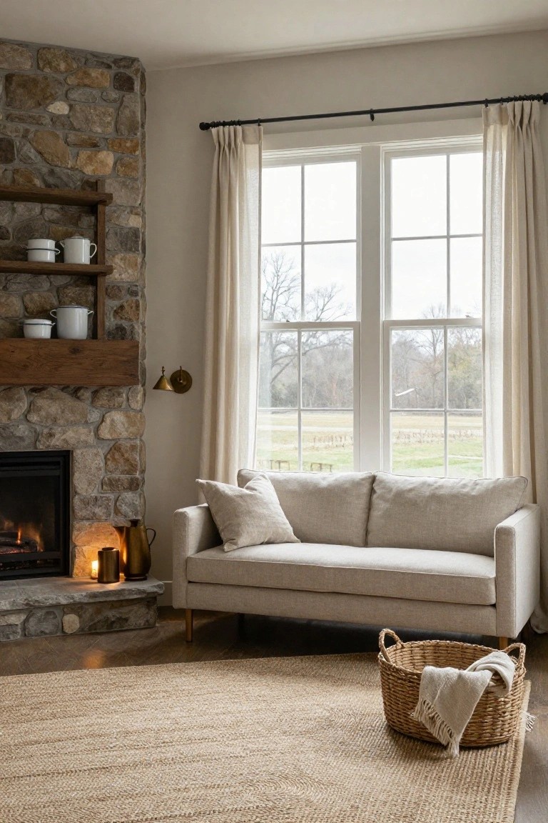 A beige linen sofa positioned next to a stone fireplace in a living room with large curtained windows, seagrass rug on hardwood floor, and wicker basket holding a throw.