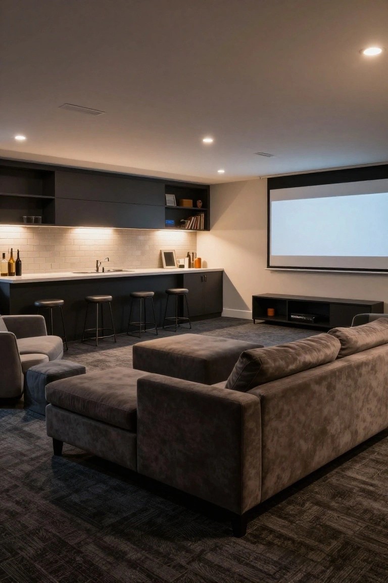 Basement media room featuring a dark gray L-shaped sectional sofa facing a projector screen, with a black bar counter, stools, and recessed ceiling lights.