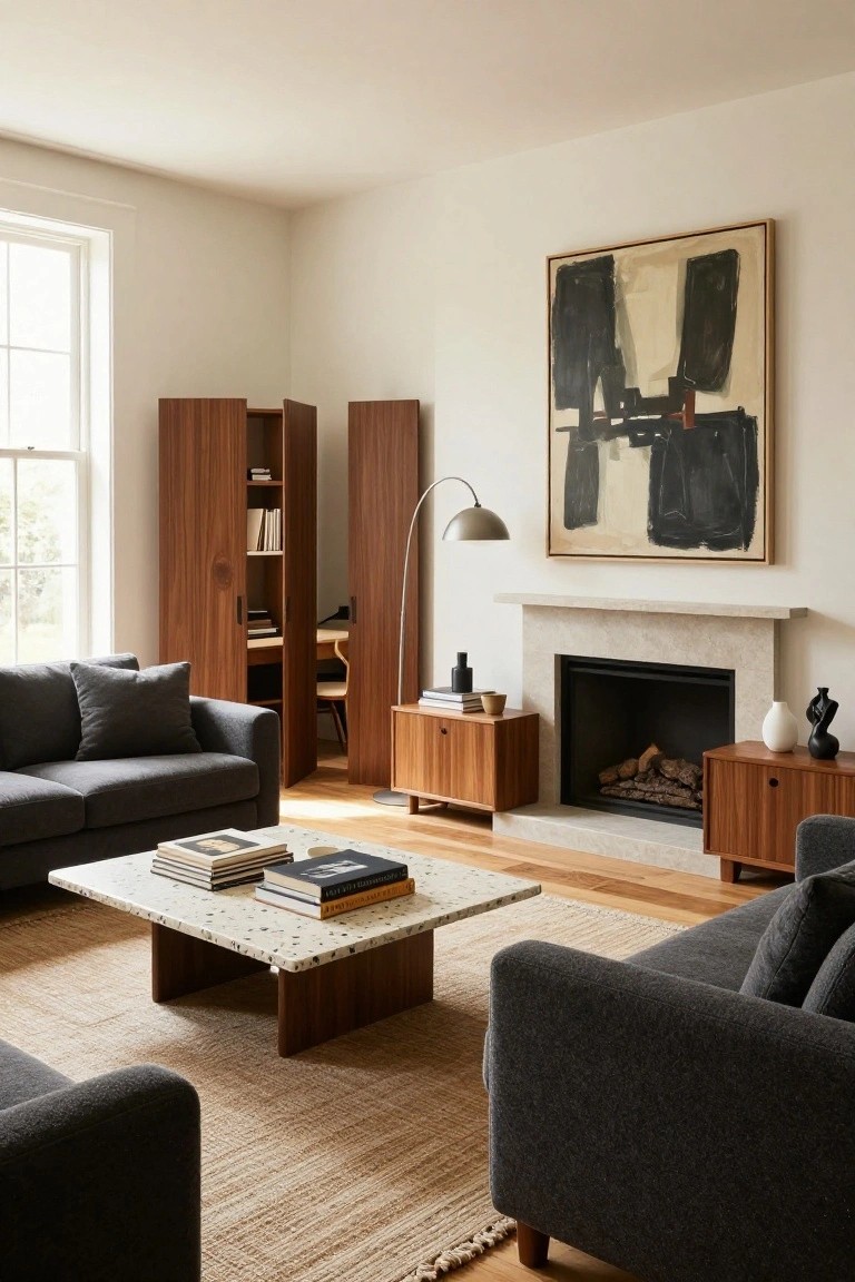 Modern living room interior with two gray fabric sofas facing a marble fireplace across a low white-speckled coffee table, flanked by wooden side cabinets, an abstract painting on the wall, and tall wooden wardrobe doors partially open near a window.