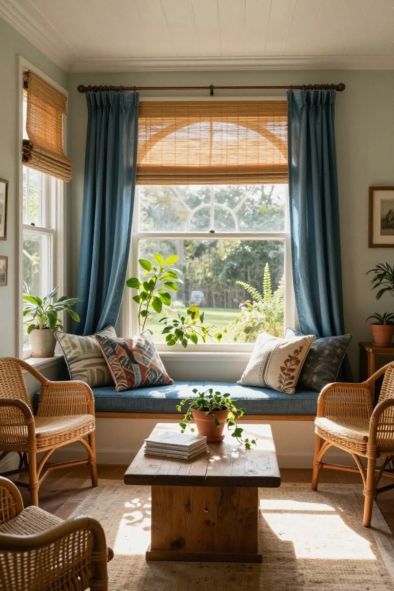 Indoor window nook featuring a cushioned blue bench seat on the sill with patterned pillows, two wicker armchairs on each side, a low wooden coffee table in front, potted plants, blue curtains, bamboo shades, and a view of trees and grass outside.