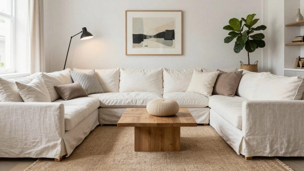20 Sectional Sofa Pillow Styling Ideas for Perfect Symmetry White linen sectional sofa in a bright corner room with symmetrical white pillows including striped accents, low wooden coffee table with a round pillow, abstract framed art on wall, tripod lamp, potted plant, and seagrass rug.