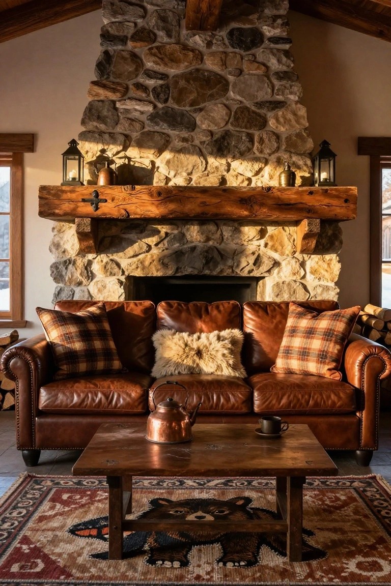 Rustic living room interior with tall stone fireplace, brown leather sofa with matching plaid pillows on arms and sheepskin throw in center, wooden coffee table holding copper teapot and mug, bear-patterned rug on floor