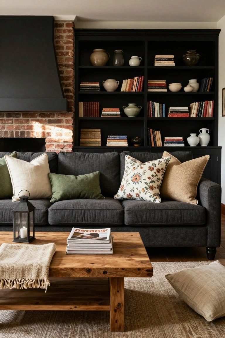 A dark gray sectional sofa in a living room with black bookshelves filled with books and ceramics, a brick fireplace, wooden coffee table with magazines and throw, and floor pillows on a seagrass rug, styled with white, green, beige, and floral pillows.
