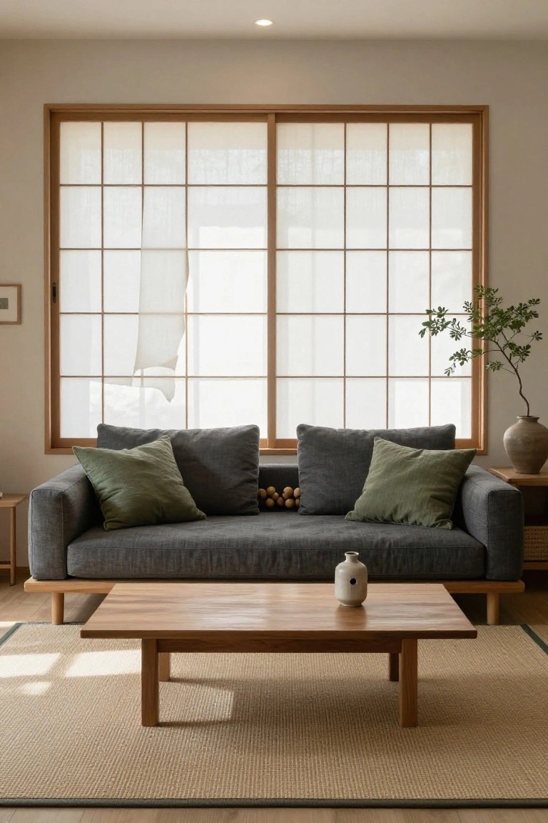 A minimalist living room with a dark gray low-profile sectional sofa topped by symmetrical green throw pillows, wooden coffee table holding a white vase, beige seagrass rug, shoji screen window, and potted plants on a side table.